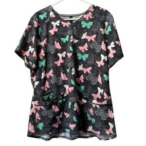 Elle‎ Butterfly Print Scrub Top Size XL Pockets Stretch Nursing Classic Colorful